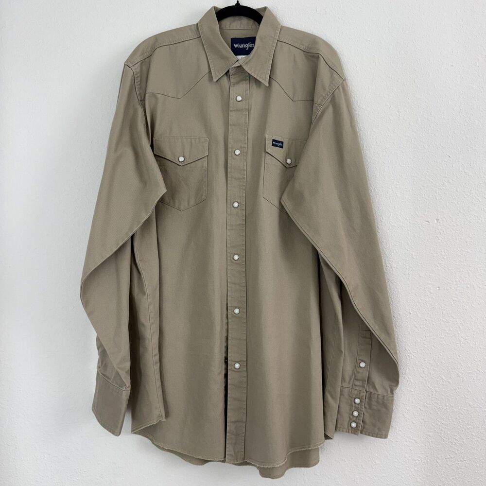 Vtg Wrangler Pearl Snap Shirt Mens Large Tan Brown Brushpopper Cowboy Western